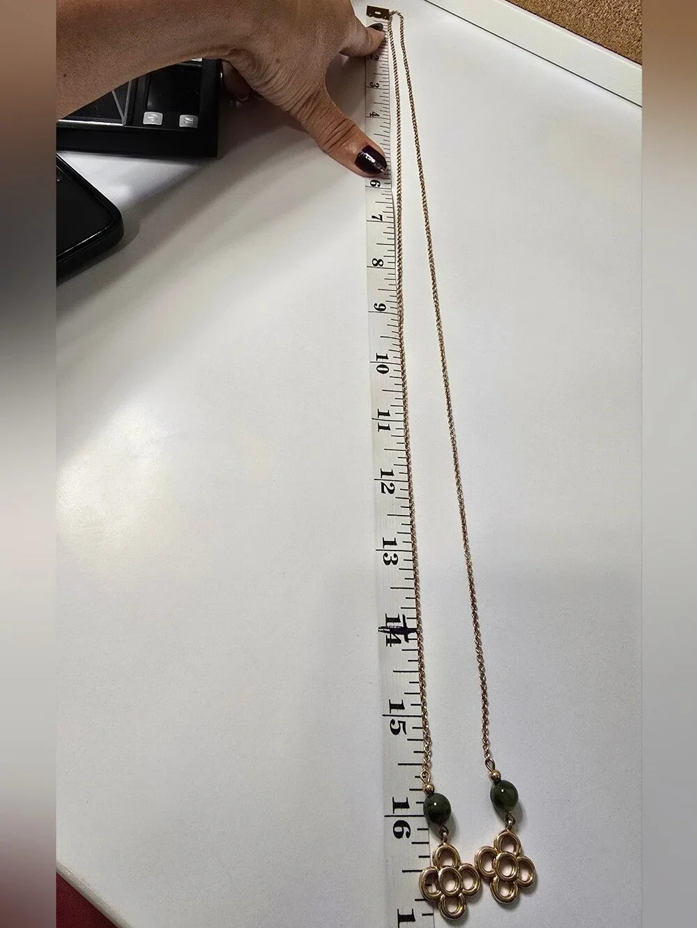 Vintage Gold Clover Jade Stone Lariat Necklace